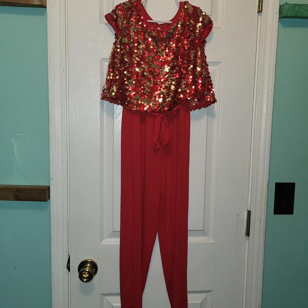 Girls size 6X Red Sparkly jumpsuit (and navy blue dress)